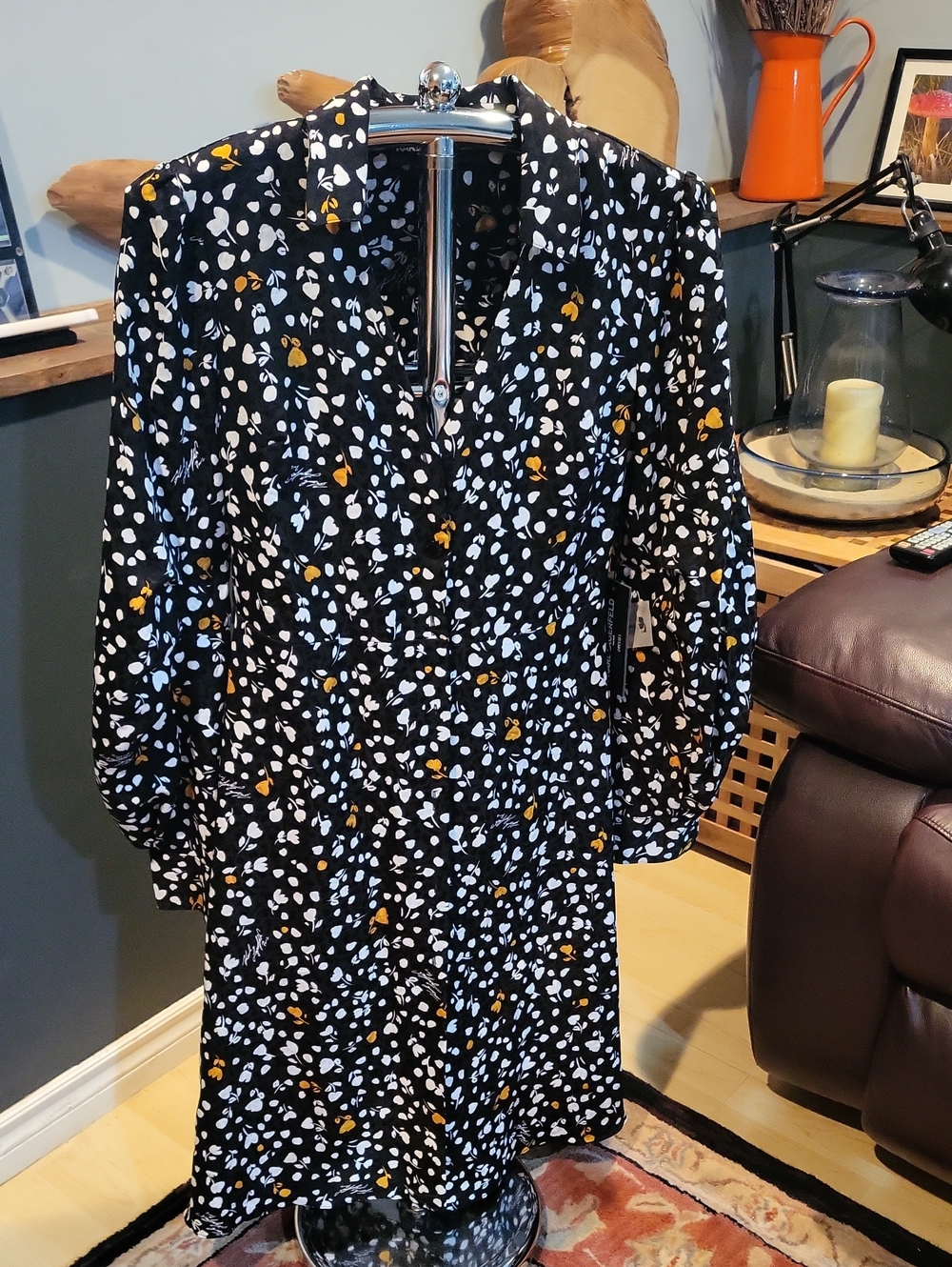 Karl Lagerfeld Black Midi Dress with White and Mustard Floral Print